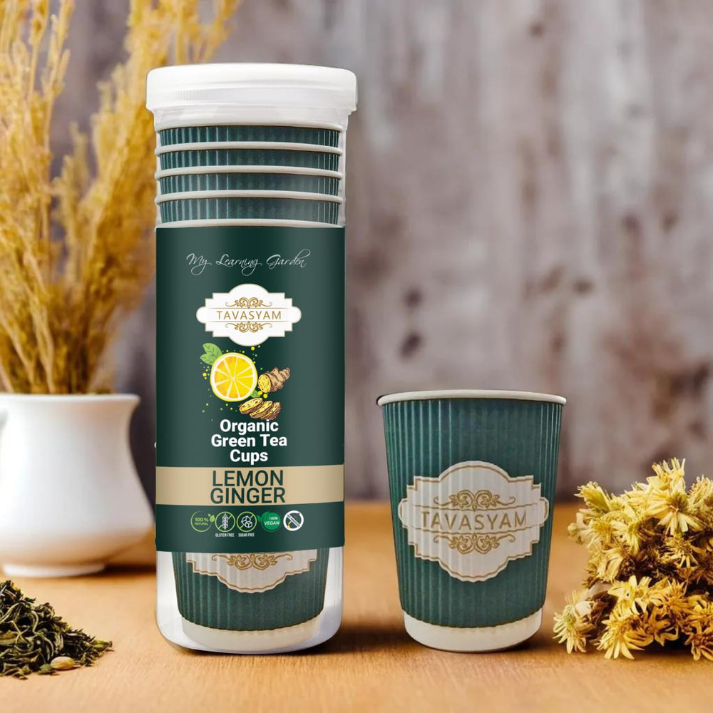 TAVASYAM Ready to Sip Lemon Ginger Green Tea Cup | Green Tea for Weight Loss | Vegan, Gluten Free & Sugar Free | Lemon Ginger Green Tea | Pre-Filled Tea Cups 200ml | Tea Cups Set of 12 - EarthBased