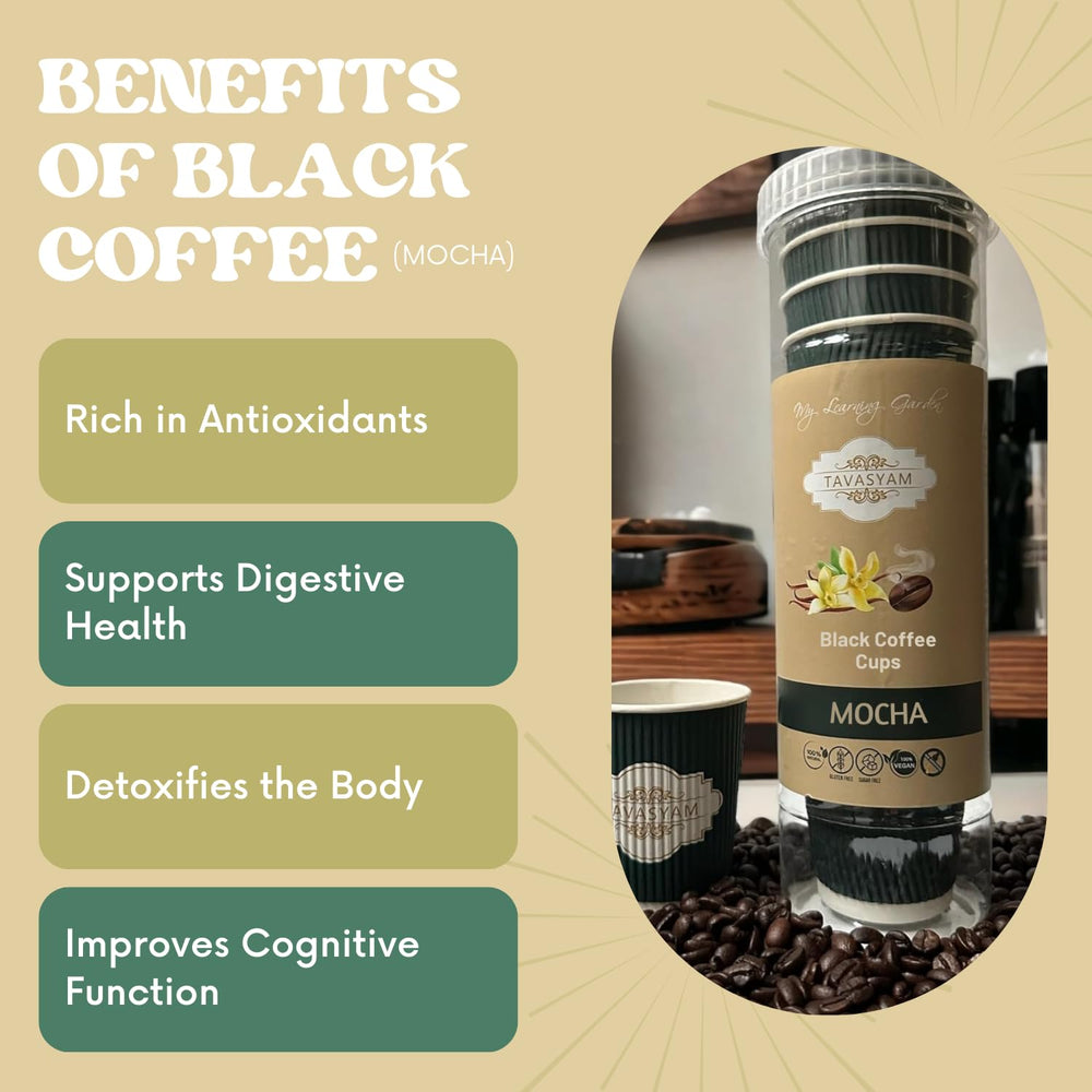 TAVASYAM Black Coffee Powder | Instant Coffee Powder | Mocha Flavoured Coffee | Vegan, Gluten Free & Sugar Free | No Additives | No-Drip Infusion Layer | Pre-Filled Coffee Cups 200ml | Pack of 12 Cups - EarthBased
