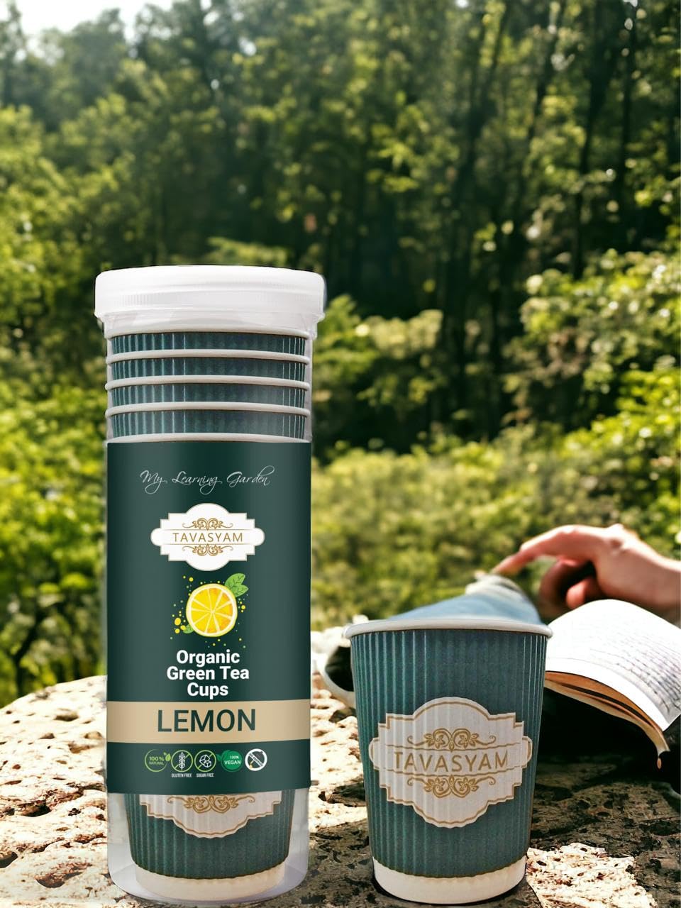 TAVASYAM Ready to Sip Lemon Flavour Green Tea Cup | Green Tea for Weight Loss | Vegan, Gluten Free & Sugar Free | Lemon Flavour | Whole Leaf Teas | Pre-Filled Tea Cups 200ml | Tea Cups Set of 12 - EarthBased