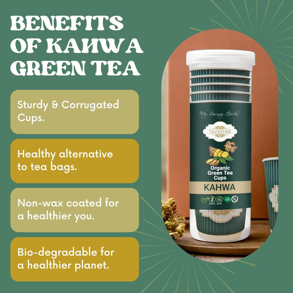 TAVASYAM Ready to Sip Kahwa Flavour Green Tea Cups | Green Tea for Weight Loss | Vegan, Gluten Free & Sugar Free | Kahwa Flavour | Pre-Filled Tea Cups 200ml | Pack of 12 Cups - EarthBased