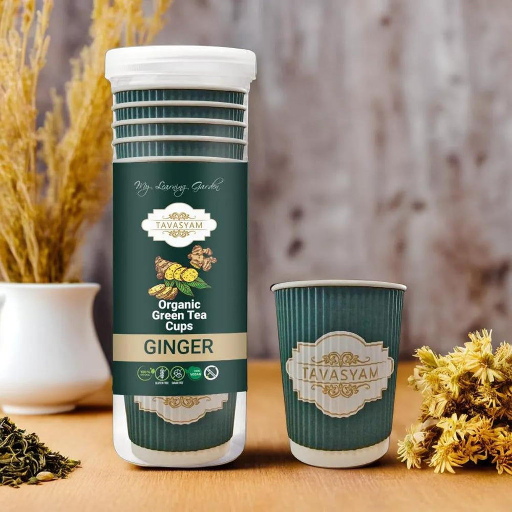 TAVASYAM Ready to Sip Ginger Flavour Green Tea Cup | Green Tea for Weight Loss | Vegan, Gluten Free & Sugar Free | Ginger Flavour | Pre-Filled Tea Cups 200ml | Tea Cups Set of 12 - EarthBased