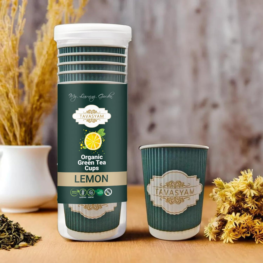 TAVASYAM Ready to Sip Lemon Flavour Green Tea Cup | Green Tea for Weight Loss | Vegan, Gluten Free & Sugar Free | Lemon Flavour | Whole Leaf Teas | Pre-Filled Tea Cups 200ml | Tea Cups Set of 12 - EarthBased