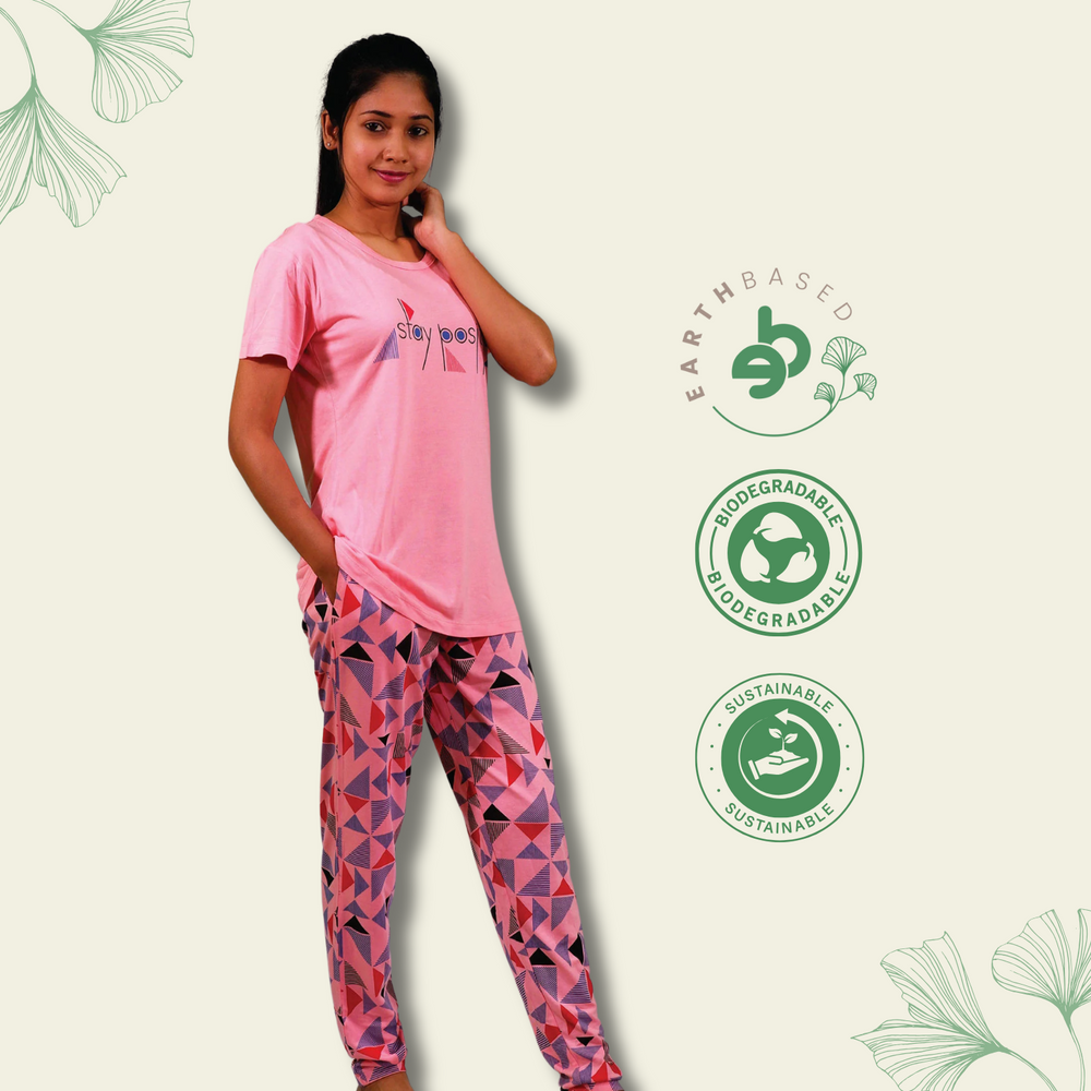 Stay Positive T-shirt & Pant Night Dress in Salmon Rose | Playout - EarthBased