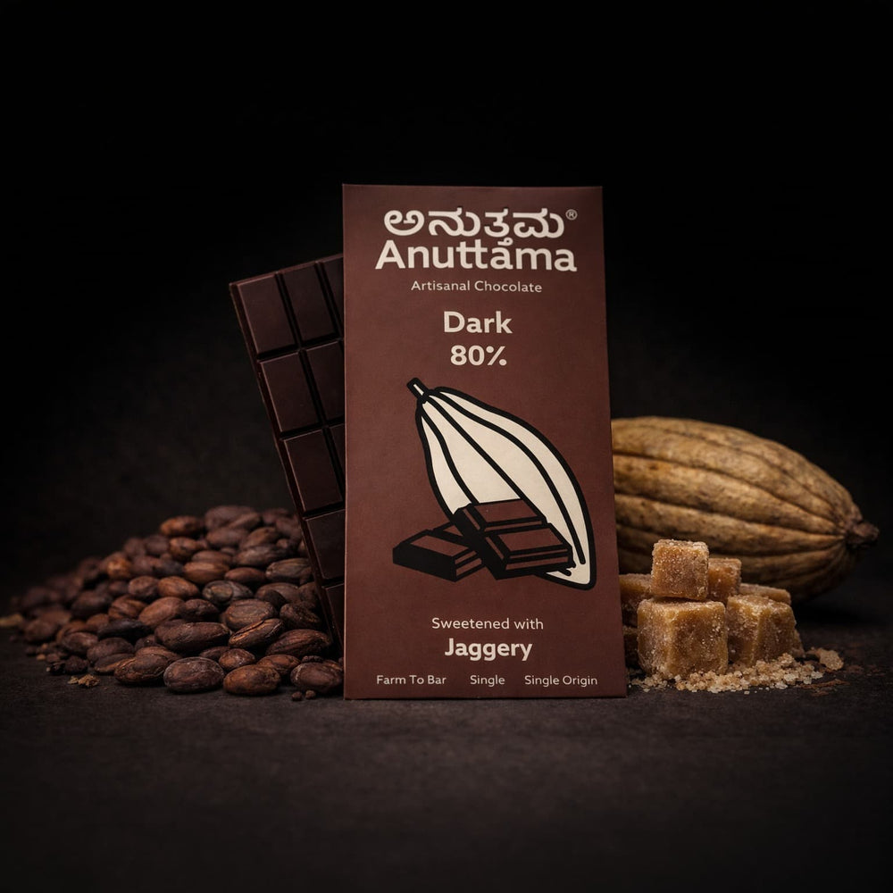 Anuttama 80% dark chocolate bar, jaggery sweetened