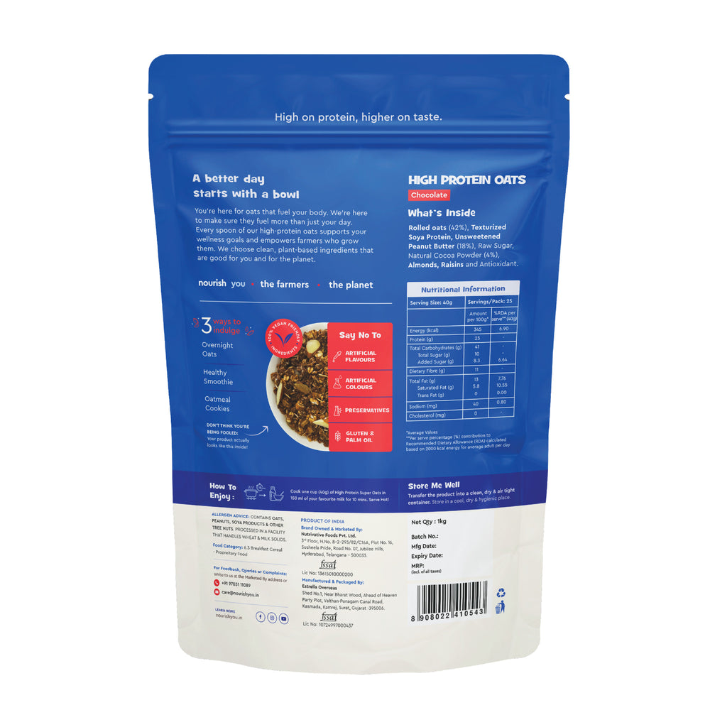 Nourish You 25% High Protein Chocolate Oats 1Kg - EarthBased