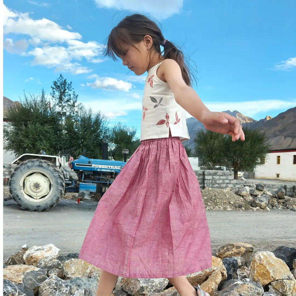 Twirl and Top' - Girls' Leaf Print Crop Top with Long Skirt - EarthBased