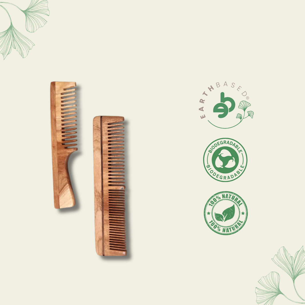 Green Foot Print Neem Wood Combs-Handle and Dual teeth (pack of 2) - EarthBased