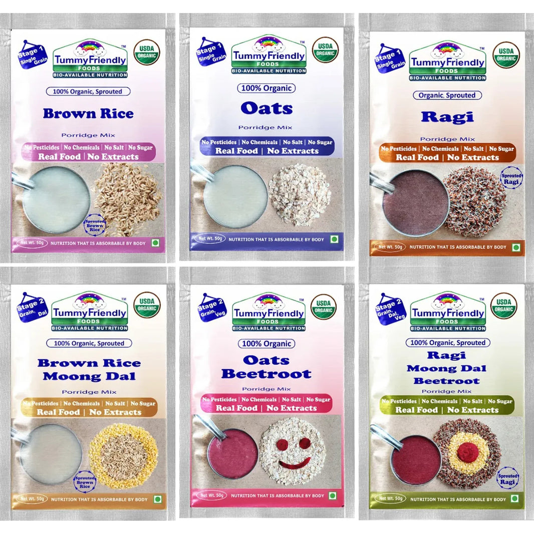 TummyFriendly Foods Certified Stage1, Stage2 Porridge Mixes - Trial Packs | Organic Baby Food for 6 Months Old Baby |6 Packs, 50g Each Cereal (300 g, Pack of 6, 8+ Months) - EarthBased