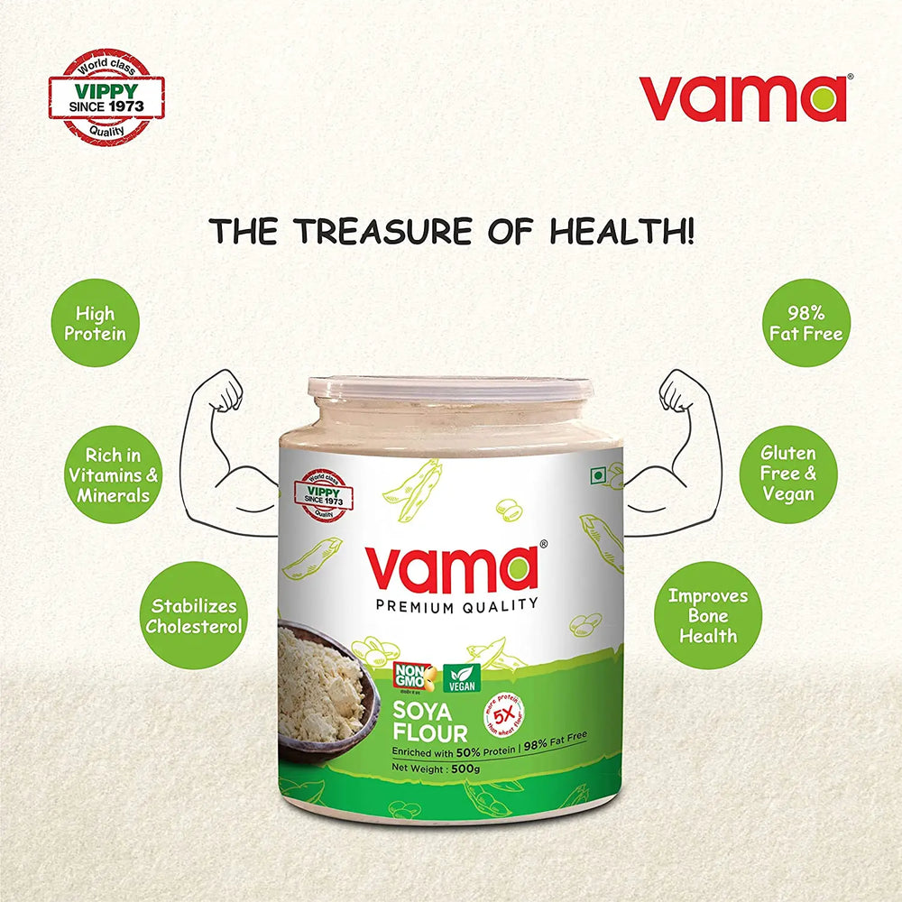 Vama SOYA Flour Enriched with 50% Protein and 98% Fat Free | Low Carb 2 x 500g - EarthBased