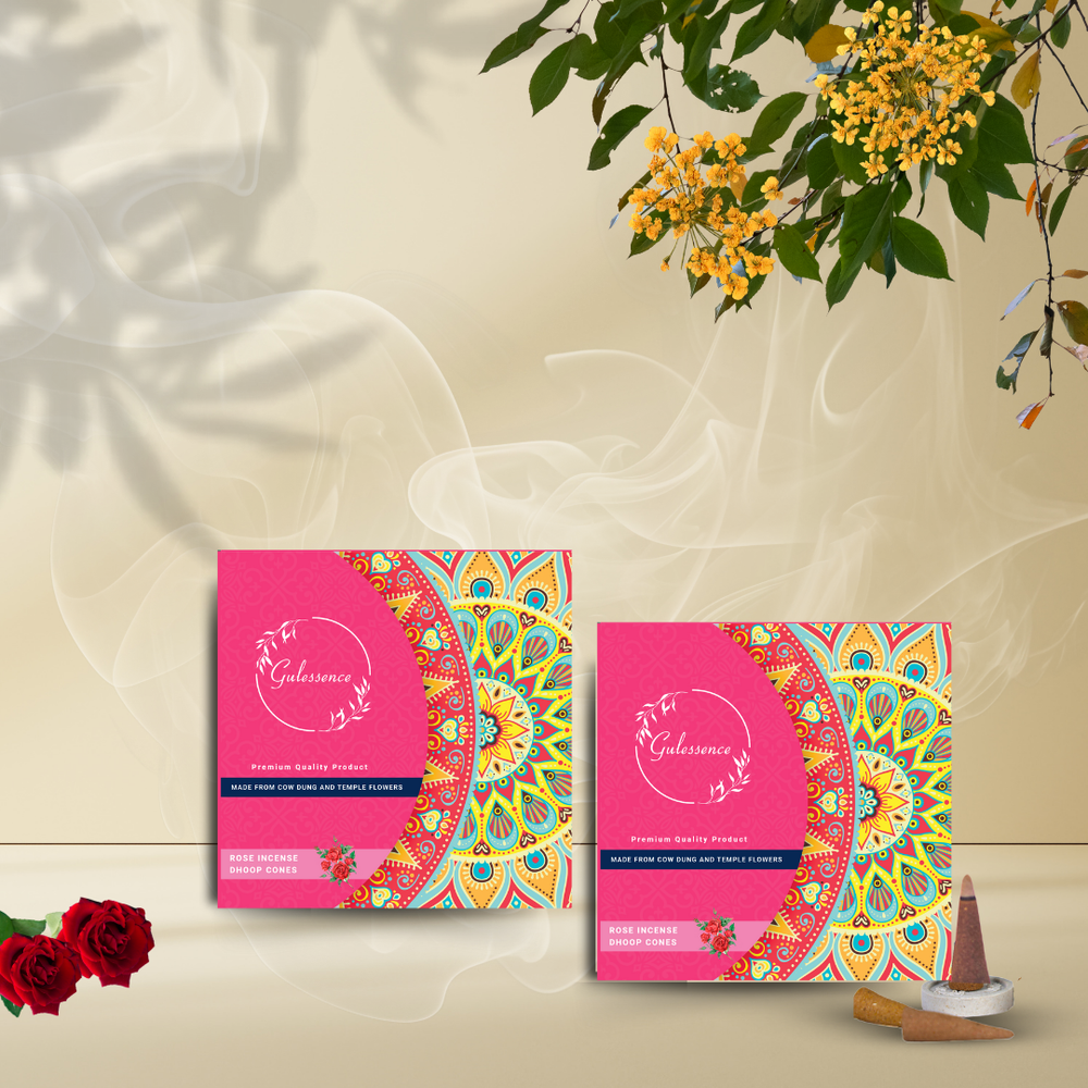 Gulessence Rose, Sandal. Jasmine, Loban Dhoop Cones | Made from Cow dung & Temple Flower | Pack of 4 - Gulessence