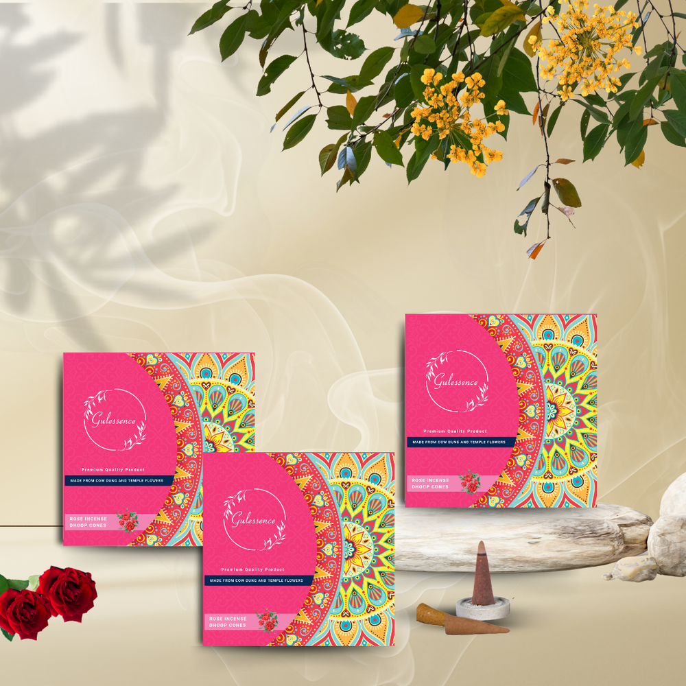 Gulessence Rose, Sandal. Jasmine, Loban Dhoop Cones | Made from Cow dung & Temple Flower | Pack of 4 - Gulessence