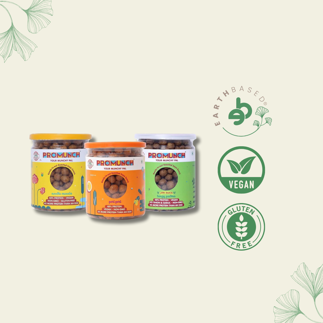 PROMUNCH Soya Snack |Gluten-FreePack of 3 Flavour: Noodle MasalaTangy Pudina & CheeseOnion -150G - EarthBased