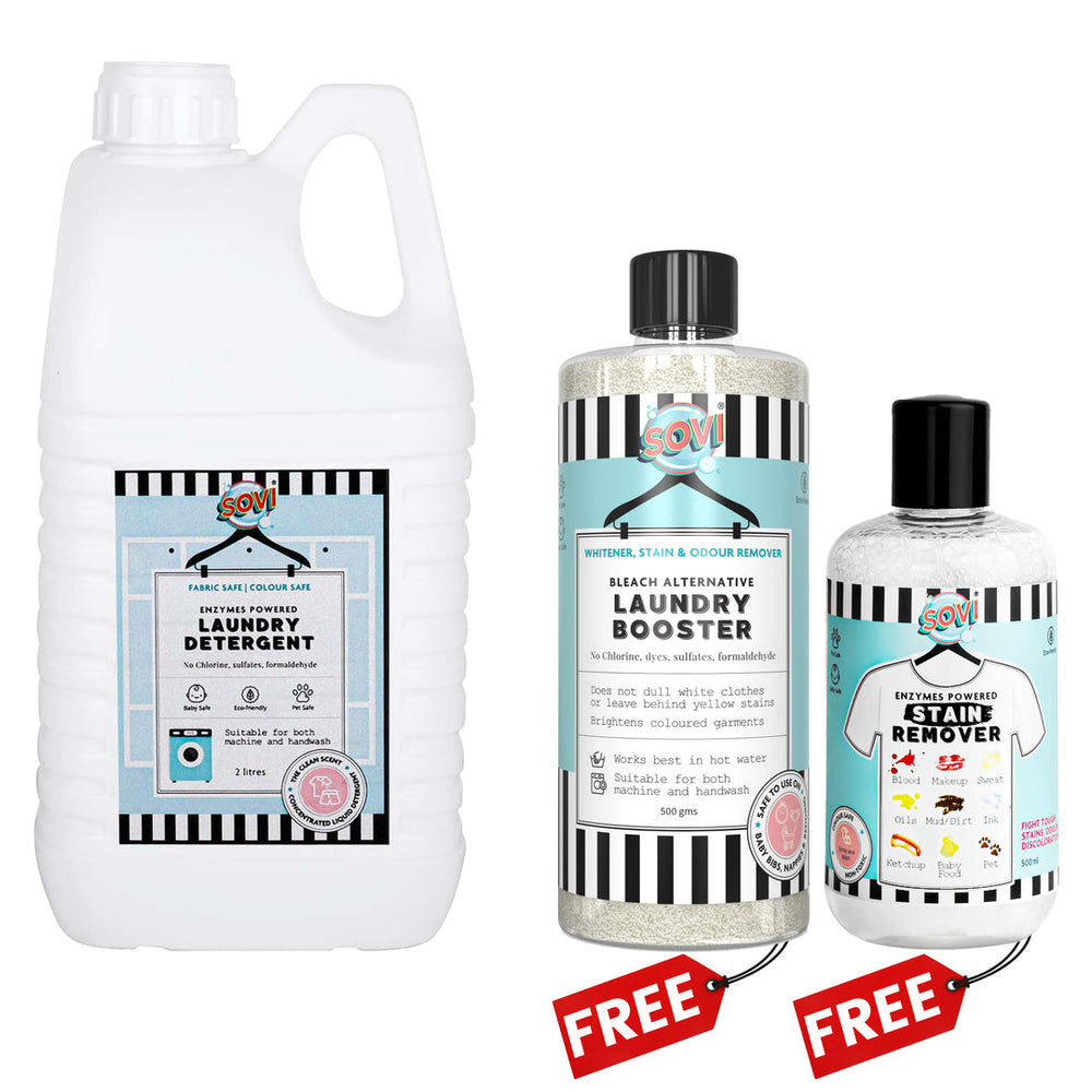 The Clean Laundry Edition, Super Saver - SOVI® Laundry Liquid Detergent 2 Liters | GET FREE: SOVI® Laundry Booster 500 gms (₹299) and SOVI® Stain Remover 275 ml (₹199), Pack of 3 - EarthBased