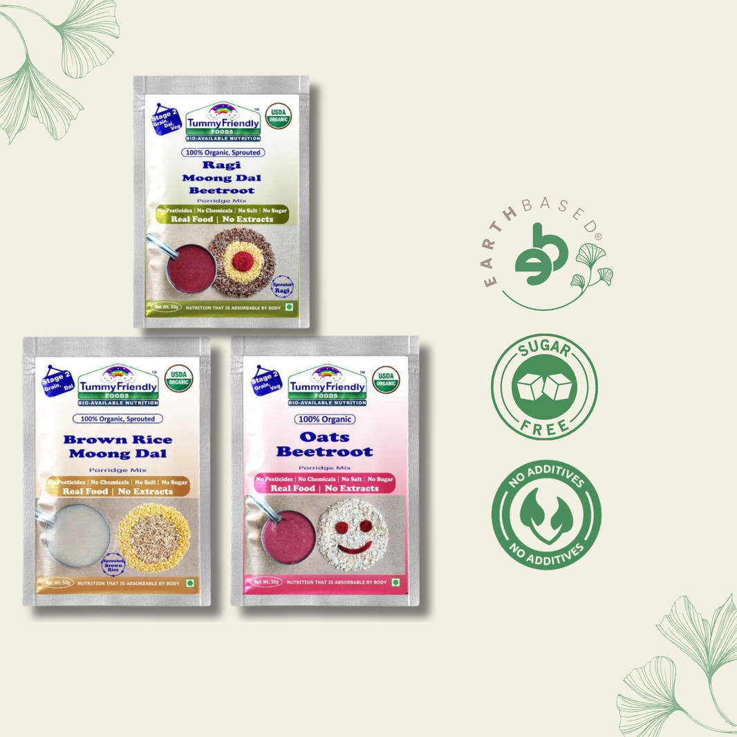 TummyFriendly Foods Certified Organic Stage2 Sprouted Porridge Mixes Trial Packs | Organic Baby Food for 6 Months Old | Sprouted Ragi, Sprouted Brown Rice, Oats, Dal & Vegetable | 50g Each, Cereal (150 g, Pack of 3) - EarthBased