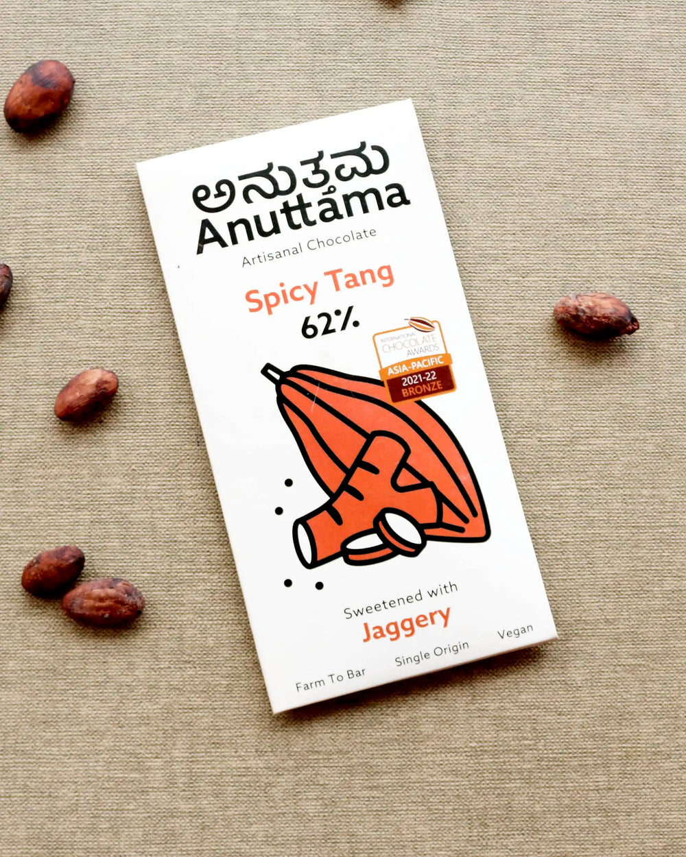 ANUTTAMA | Dark Chocolate 62% Cocoa | Spicy Tang Bar | Gluten Free | Natural Chocolate | Sugar Free | Jaggery Sweetened | Dried Ginger & Pepper | Handmade Chocolates Bar - EarthBased