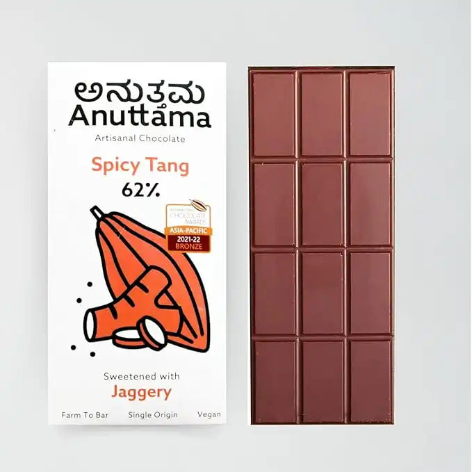 ANUTTAMA | Dark Chocolate 62% Cocoa | Spicy Tang Bar | Gluten Free | Natural Chocolate | Sugar Free | Jaggery Sweetened | Dried Ginger & Pepper | Handmade Chocolates Bar - EarthBased