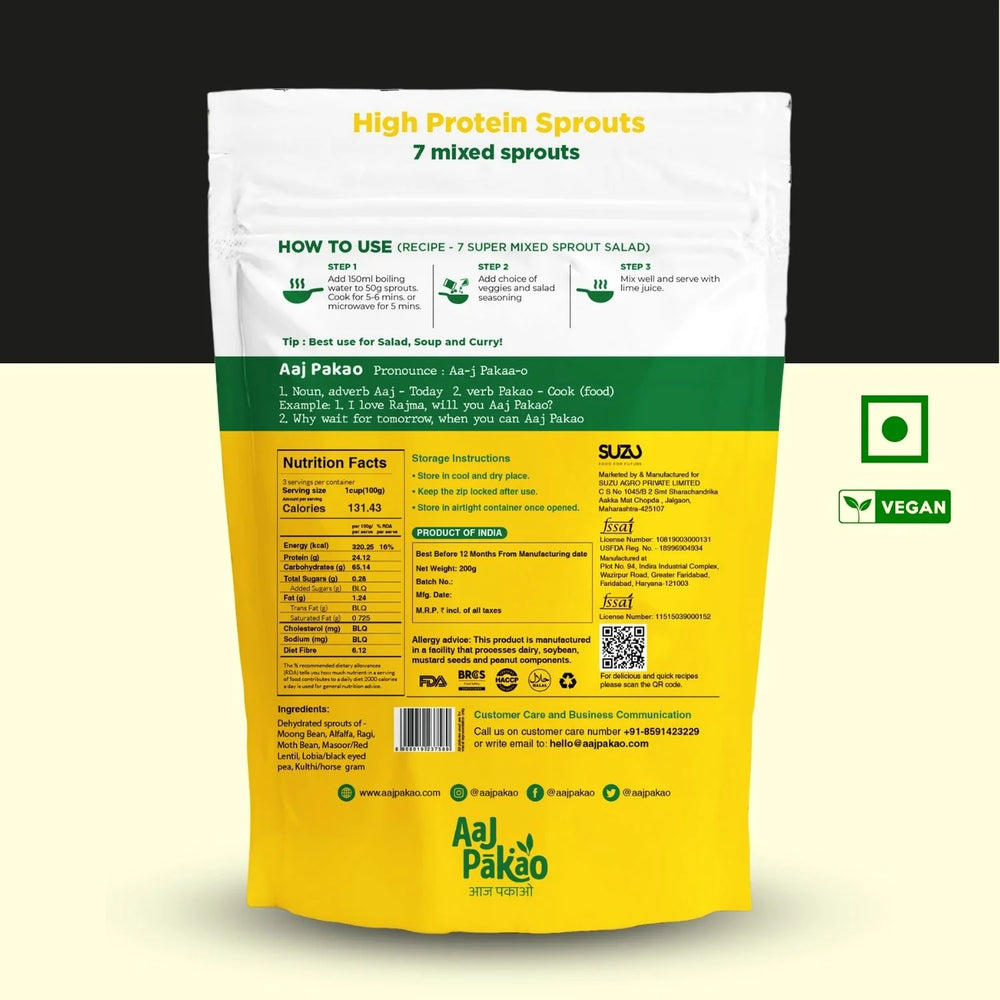 Aaj Pakao - Dehydrated 7 Mixed Sprouts | 200gms | Ready to Cook | Great for Salads, Stir-fries, and Sandwiches | 1 Pack, 200gms - EarthBased