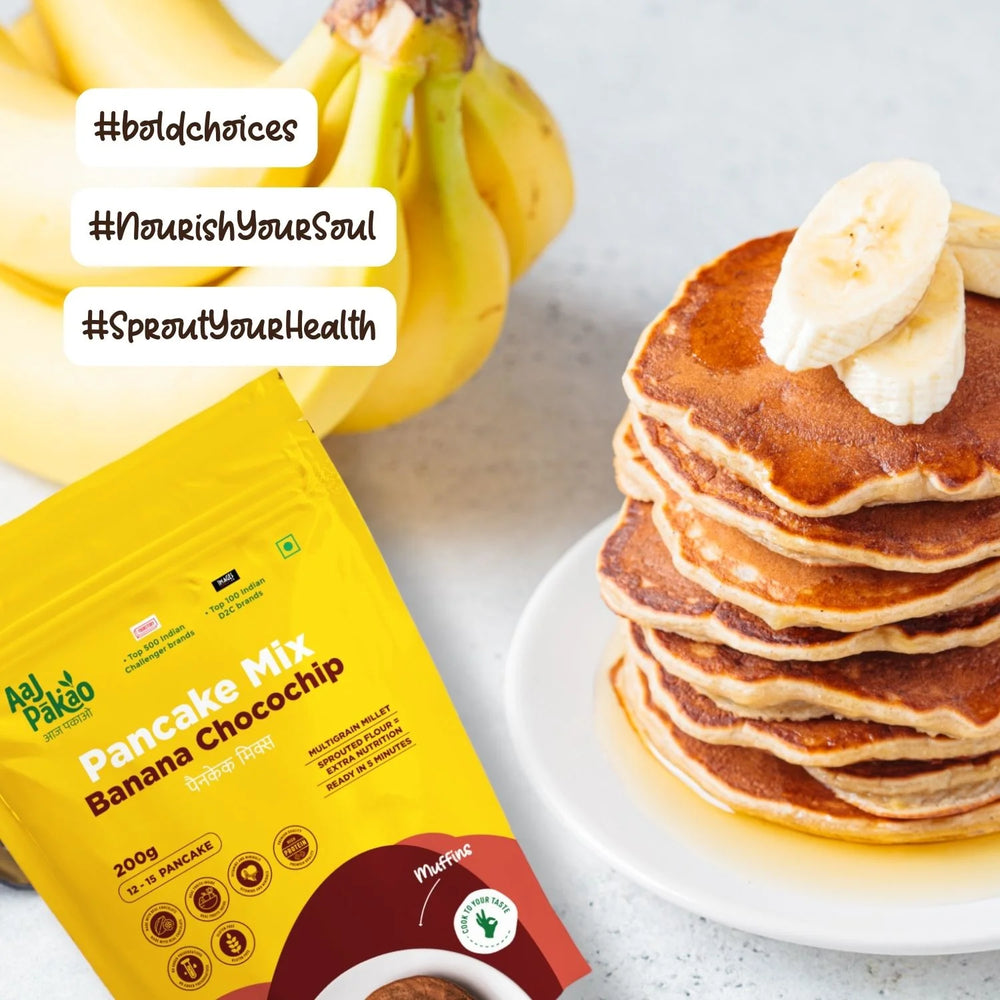 Aaj Pakao - Banana Chocochip Pancake Instant Mix | 200gms | Nutritious & Delicious | Sprouted Millets, Real Fruits & Chocolate | Eggless | No Preservatives | 1 Pack - EarthBased