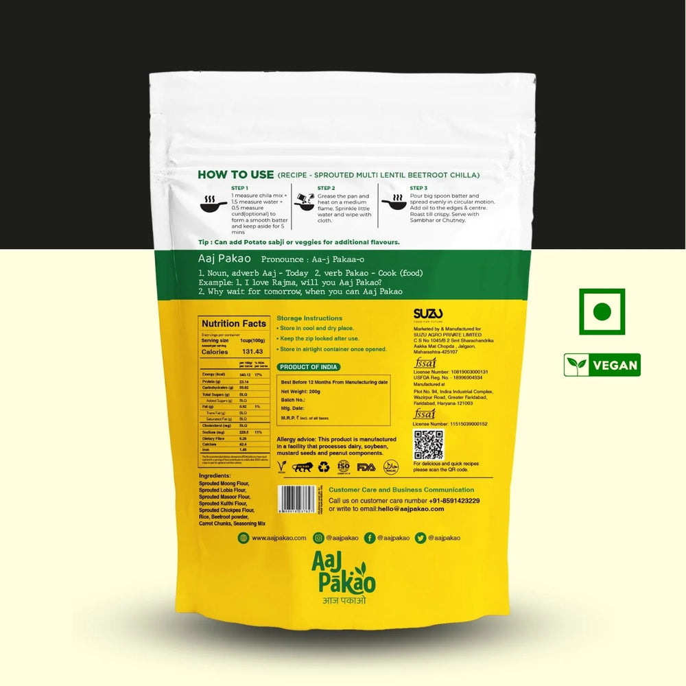 Aaj Pakao - Sprouted Multi Lentil Beetroot Carrot Instant Chilla Mix | 200gms | Mixed Sprouted Beans & Millets | High Protein | No Preservatives | 1 Pack - EarthBased