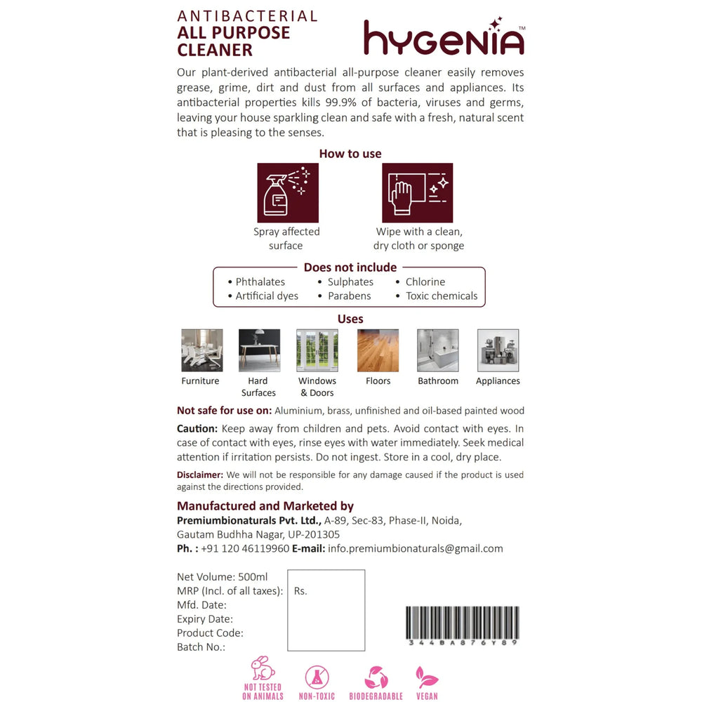 Hygenia Antibacterial All Purpose Cleaner - Zesty Bergamot 500ml - EarthBased