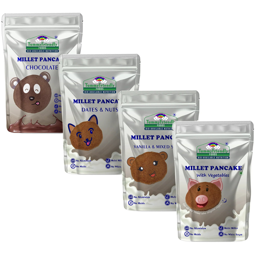 TummyFriendly Foods Aluminium-Free Millet Pancake Mixes Trial Packs with Chocolate, Nuts, Veggies 50 g (2 x Pack of 4) - EarthBased