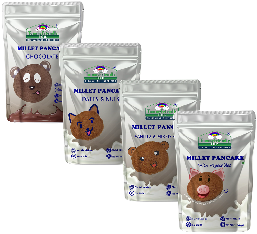 TummyFriendly Foods Aluminium-Free Millet Pancake Mixes Trial Packs with Chocolate, Nuts, Veggies 50 g (Pack of 4) - EarthBased
