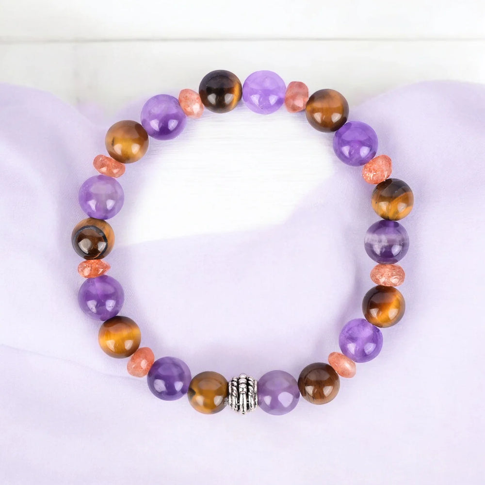 Amethyst, Tiger's Eye, and Sunstone Healing Bracelet for Calm, Confidence, and Vitality - EarthBased