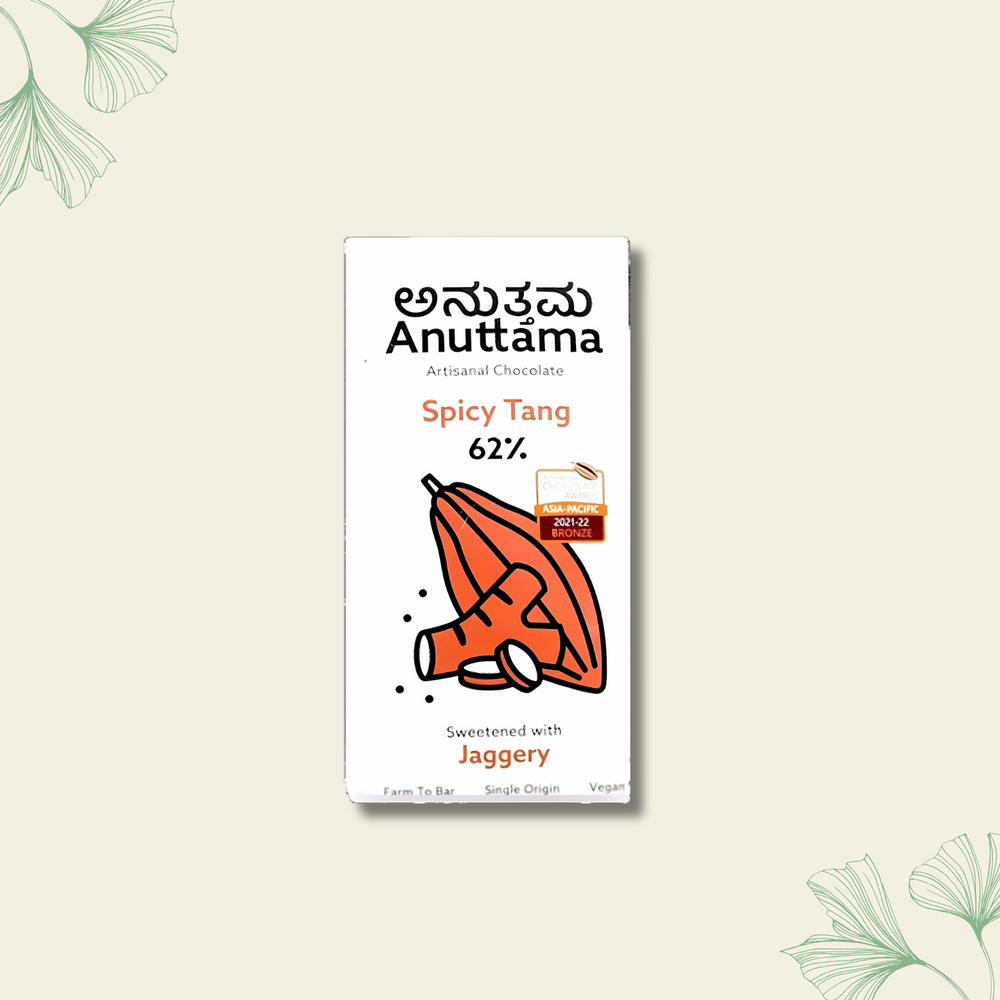 ANUTTAMA | Dark Chocolate 62% Cocoa | Spicy Tang Bar | Gluten Free | Natural Chocolate | Sugar Free | Jaggery Sweetened | Dried Ginger & Pepper | Handmade Chocolates Bar - EarthBased