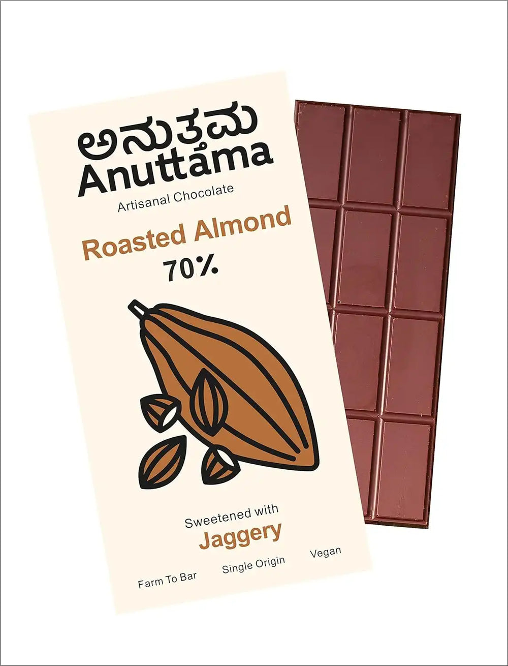 Anuttama | Roasted Almond Chocolate | 62% Cocoa , Gifts Box, Vegan Chocolate, Gift Hamper, Sugar Free, No Artificial Flavours, Lectin Free, Natural Chocolate Bar - EarthBased