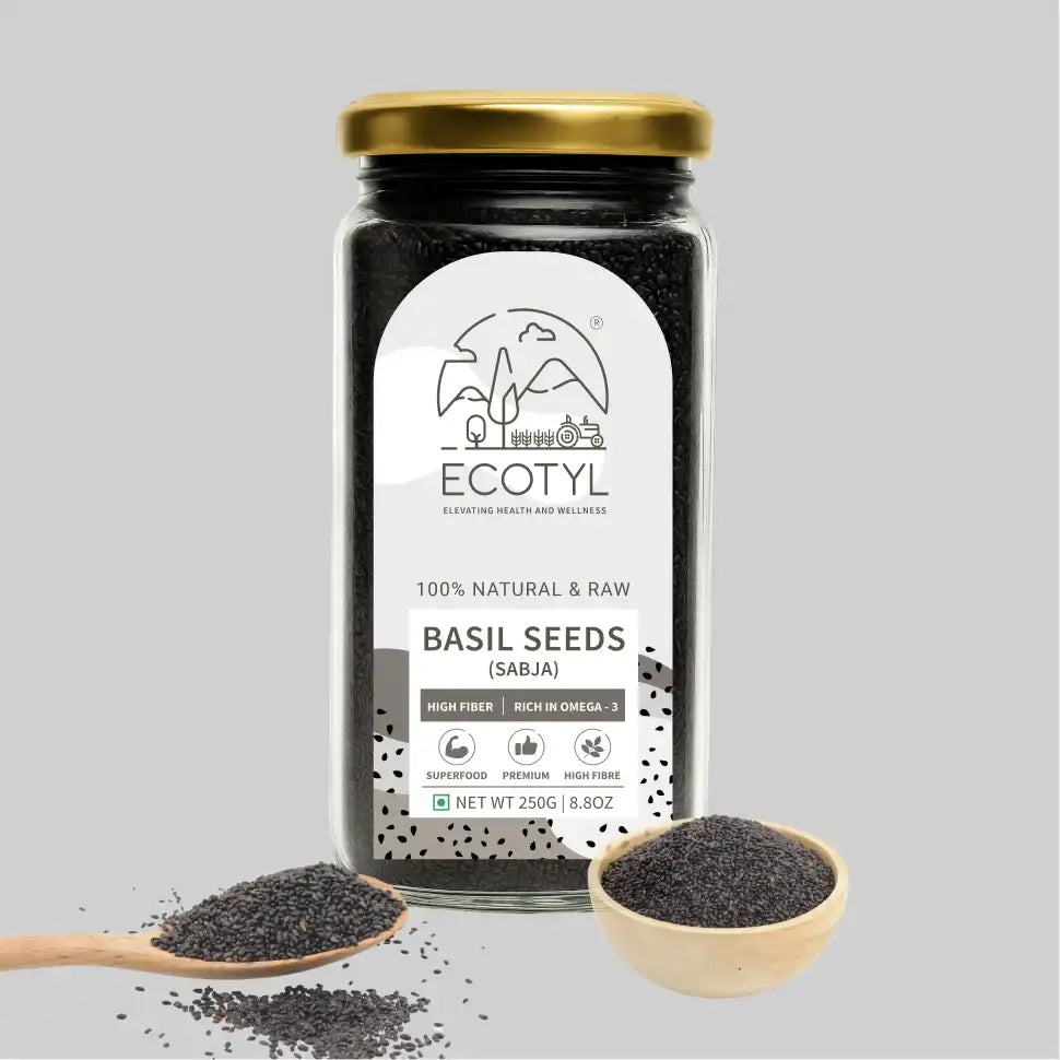 Ecotyl Basil Seeds | Sabja Seeds | Rich in Omega-3 & Fibre | Detox & Hydrate | 250g - EarthBased
