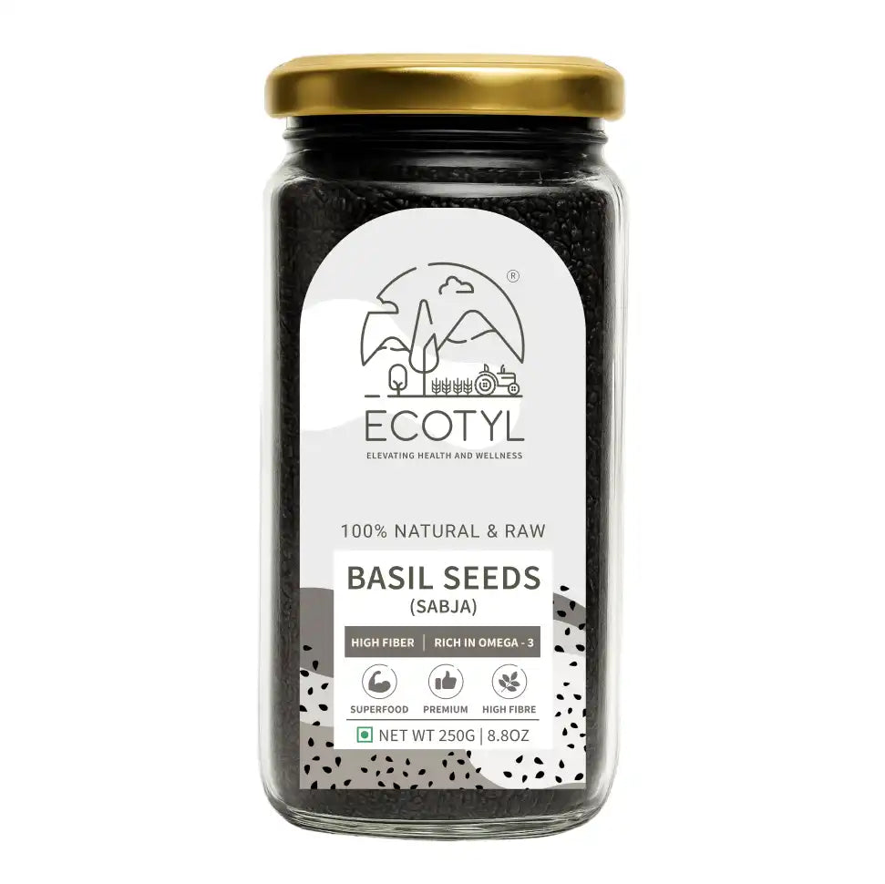 Ecotyl Basil Seeds | Sabja Seeds | Rich in Omega-3 & Fibre | Detox & Hydrate | 250g - EarthBased