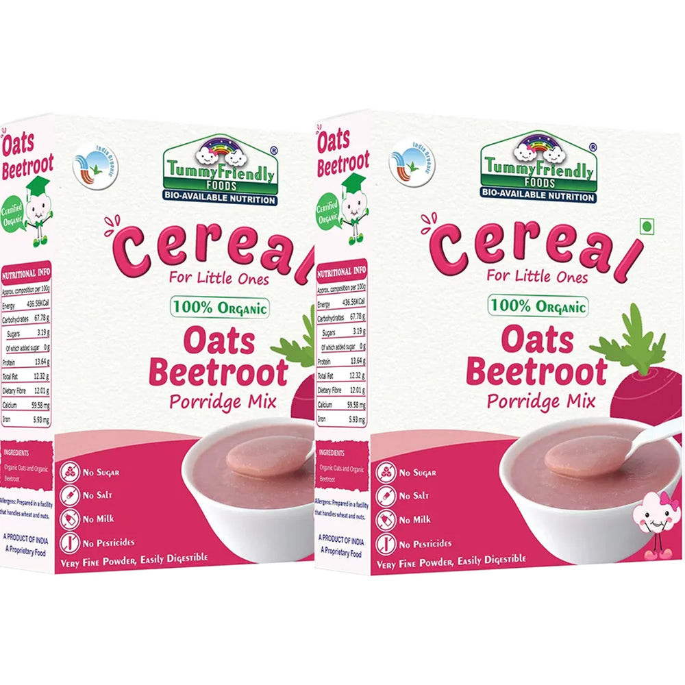 TummyFriendly Foods Certified 100% Organic Oats, Beetroot Porridge Mix , Organic Baby Food for 6 Months Old , Rich in Beta-Glucan, Protein & Fibre, 200g Each, 2 Packs Cereal (400 g, Pack of 2) - EarthBased