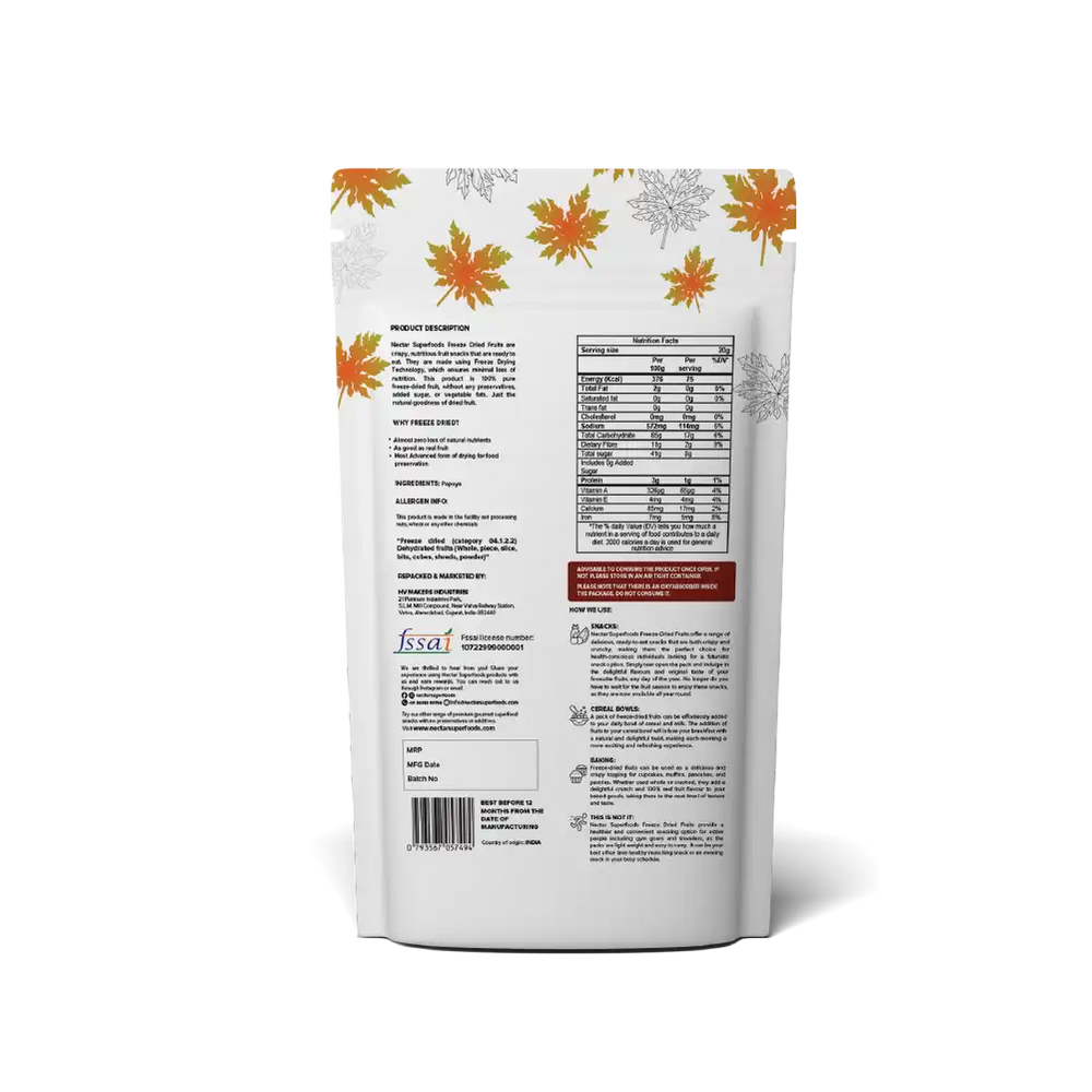 NECTAR SUPER FOODS- FREEZE DRIED PAPAYA CUBES- PACK OF 2 UNITS 20 GM EACH - EarthBased