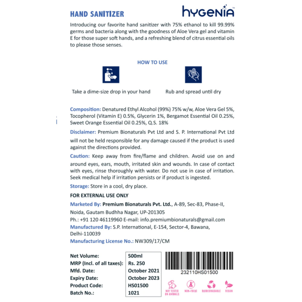 Hygenia Hand Sanitizer - Essential Oils, Aloe Vera and Vitamin E 500ml - EarthBased