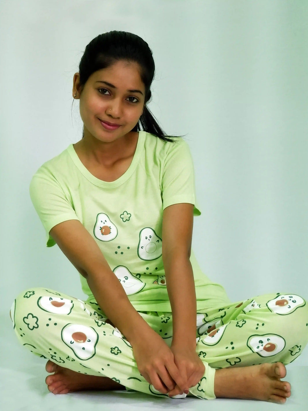 Avocado Print T-shirt & Pant Night Dress in Lettuce Green | Playout - EarthBased