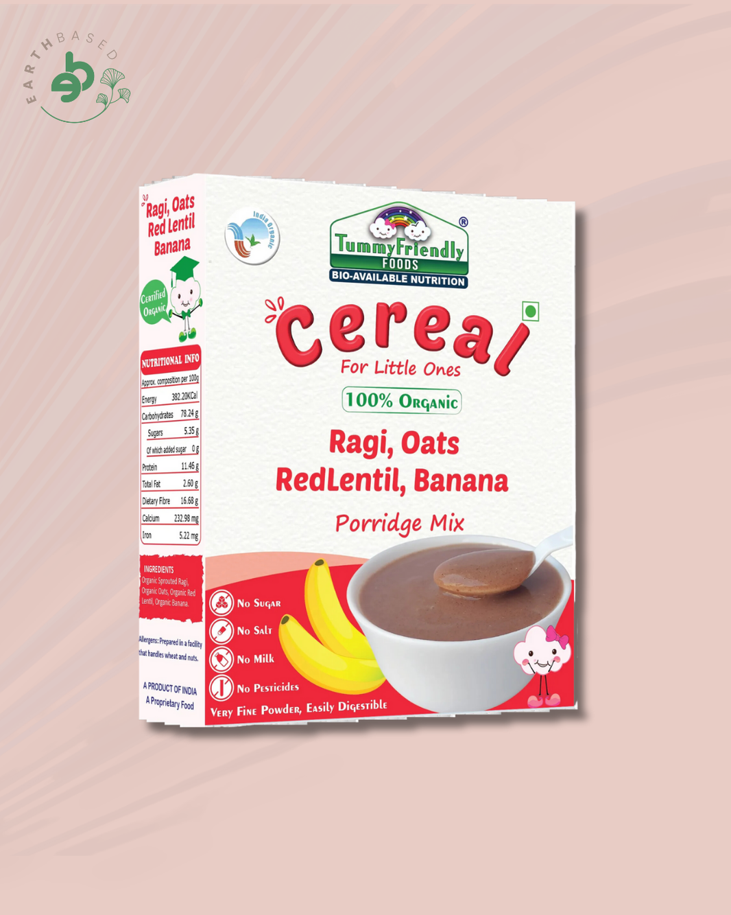 TummyFriendly Foods Certified 100% Organic Sprouted Ragi, Oats, Red Lentil, Banana Porridge Mix | Made of Sprouted Whole Grain Ragi, Oats | Rich in Calcium, Iron, Fibre & Micro-Nutrients |200g Cereal (200 g) - EarthBased