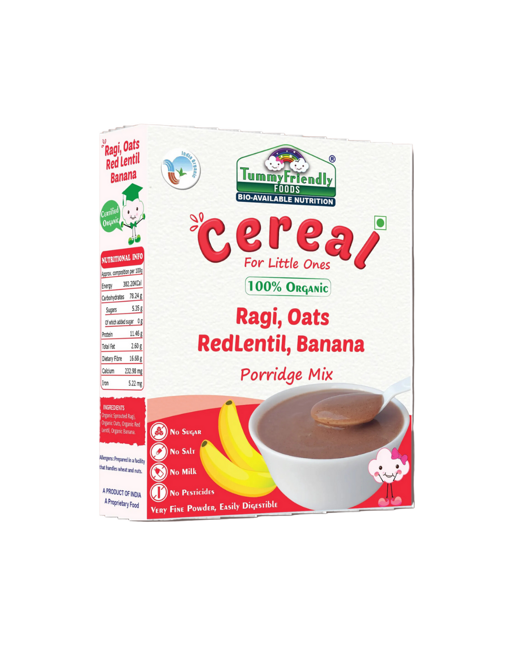 TummyFriendly Foods Certified 100% Organic Sprouted Ragi, Oats, Red Lentil, Banana Porridge Mix | Made of Sprouted Whole Grain Ragi, Oats | Rich in Calcium, Iron, Fibre & Micro-Nutrients |200g Cereal (200 g) - EarthBased