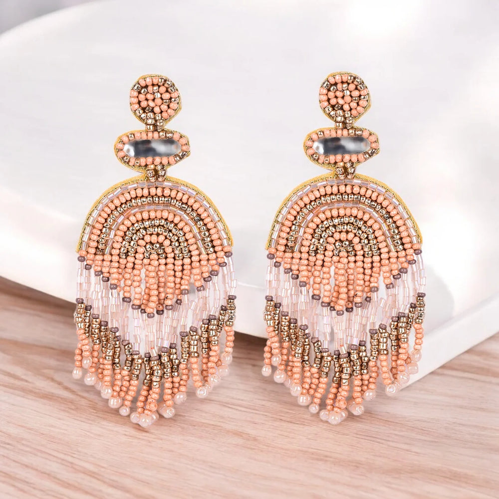 Boho Chic Beaded Dangle Earrings - Peach and Gold Statement Jewellery - EarthBased