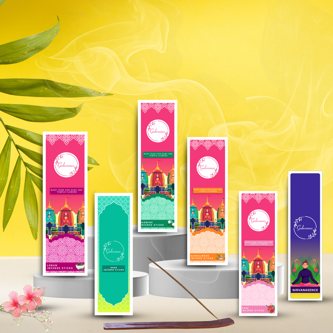 Gulessence (Pack of 6) -Loban ,Oudh, Rose, Jasmine ,Nirvanasence & Sandalwood Incense Sticks with Free Incense Holder - Gulessence