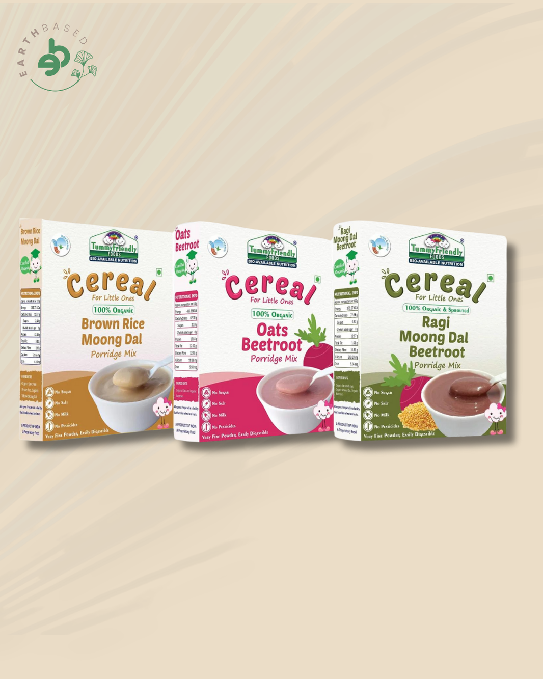 TummyFriendly Foods Certified Organic Stage2 Sprouted Porridge Mixes Combo Pack |Sprouted Ragi, Brown Rice, Oats, Dal & Vegetable | 200g Each, Cereal (600 g, Pack of 3) - EarthBased