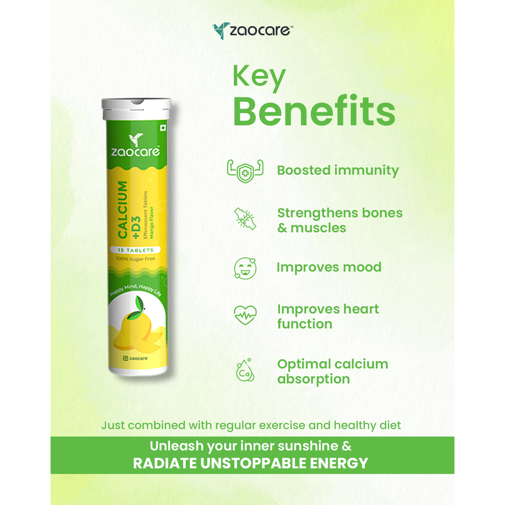 Calcium & Vitamin D3 Effervescent Tablets | For Bone, Teeth & Muscle Health | 100% Vegan | Zaocare (Pack of 2) - EarthBased