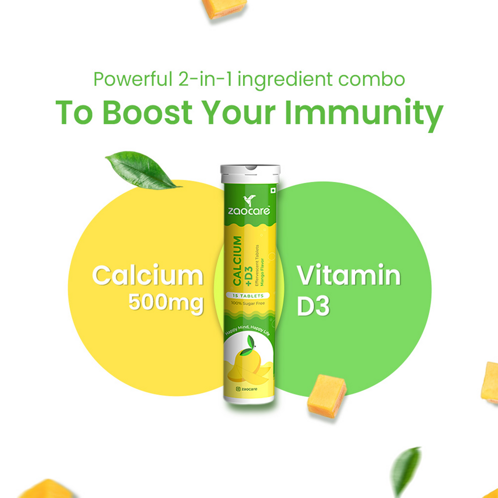 Zaocare Calcium & Vitamin D3 Effervescent Tablets | For Bone, Teeth & Muscle Health | 100% Vegan - EarthBased