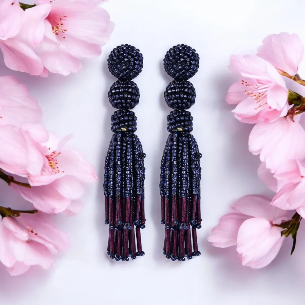 Chic Navy Blue Beaded Tassel Earrings - Sophisticated Statement jewellery - EarthBased