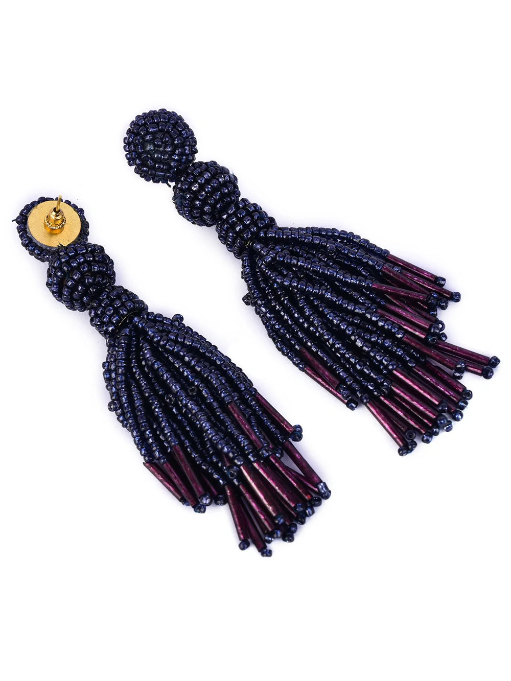 Chic Navy Blue Beaded Tassel Earrings - Sophisticated Statement jewellery - EarthBased