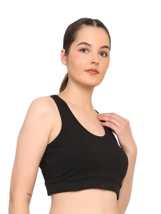 Cotton Sports Bra with Removable Pads – Breathable & Supportive Activewear | Black - EarthBased