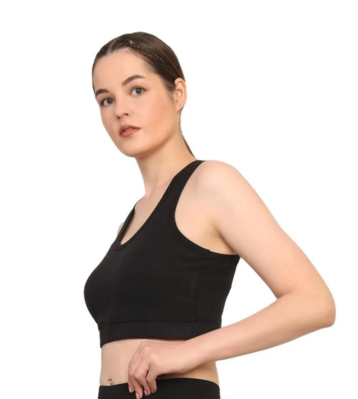 Cotton Sports Bra with Removable Pads – Breathable & Supportive Activewear | Black - EarthBased