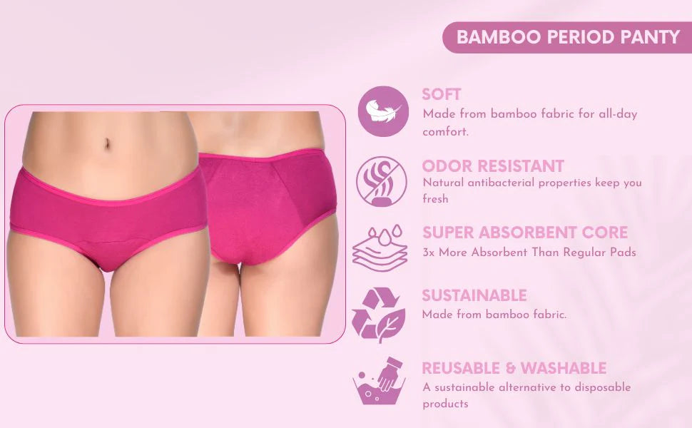 Bamboo Fabric Leak Proof Period Panty 3 Layers Not for heavy Flow | Black & Fuchsia | Pack of 2 - EarthBased