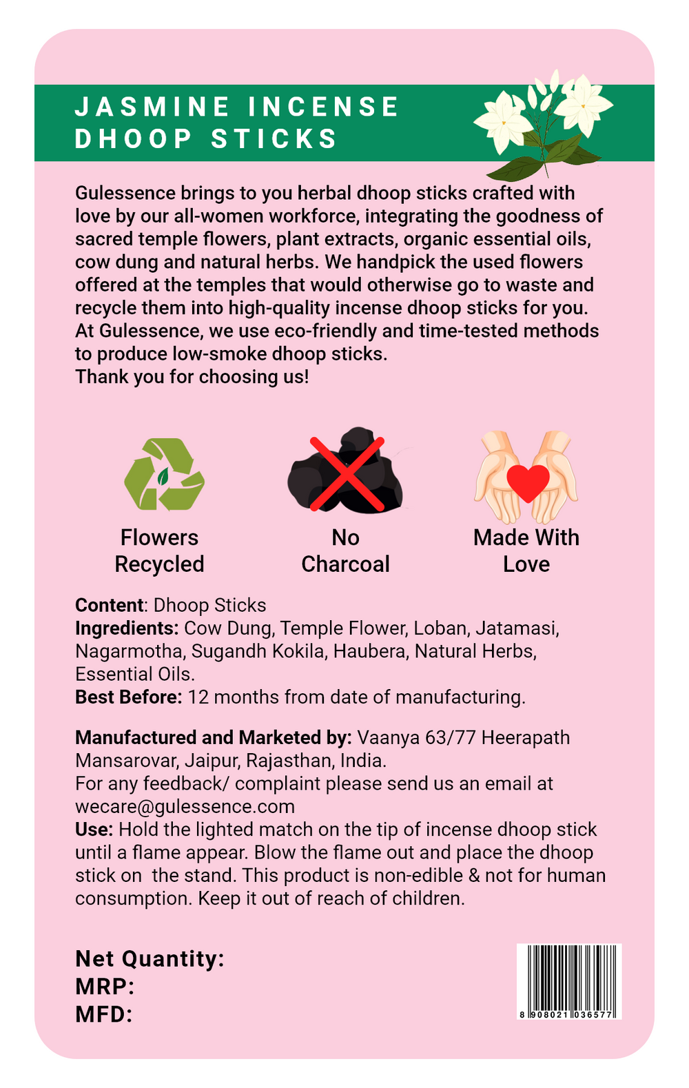 Jasmine Bamboo Less Dhoop Sticks | Made from Cow dung & Temple Flower | Gulessence - EarthBased