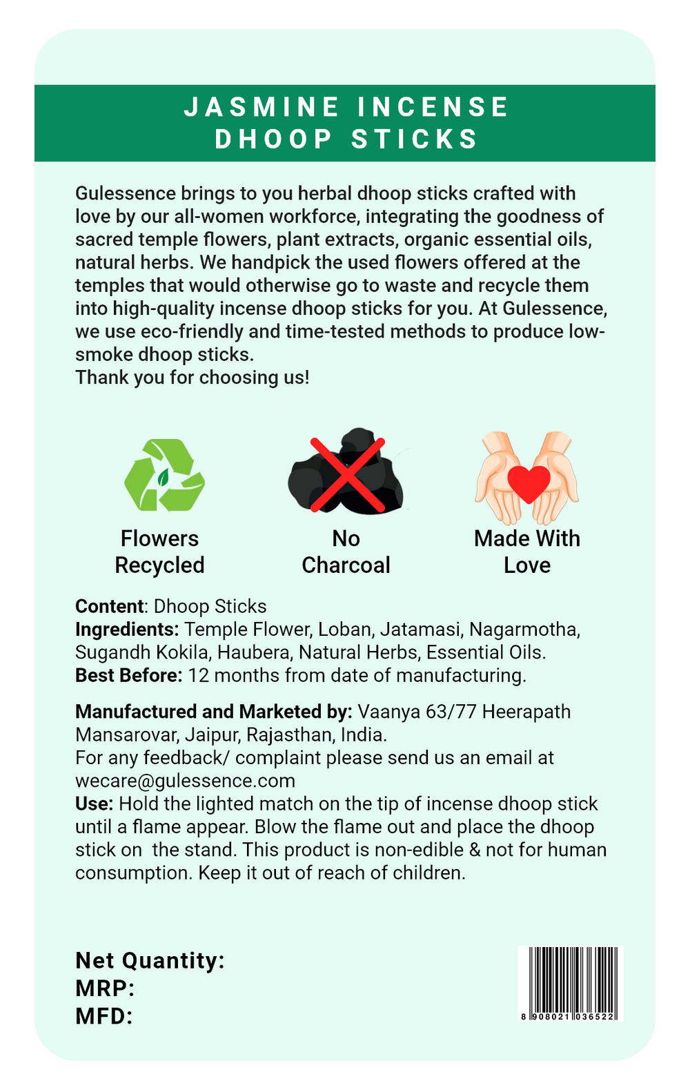 Jasmine Bamboo Less Dhoop Sticks | Made from Temple Flower | Gulessence - EarthBased