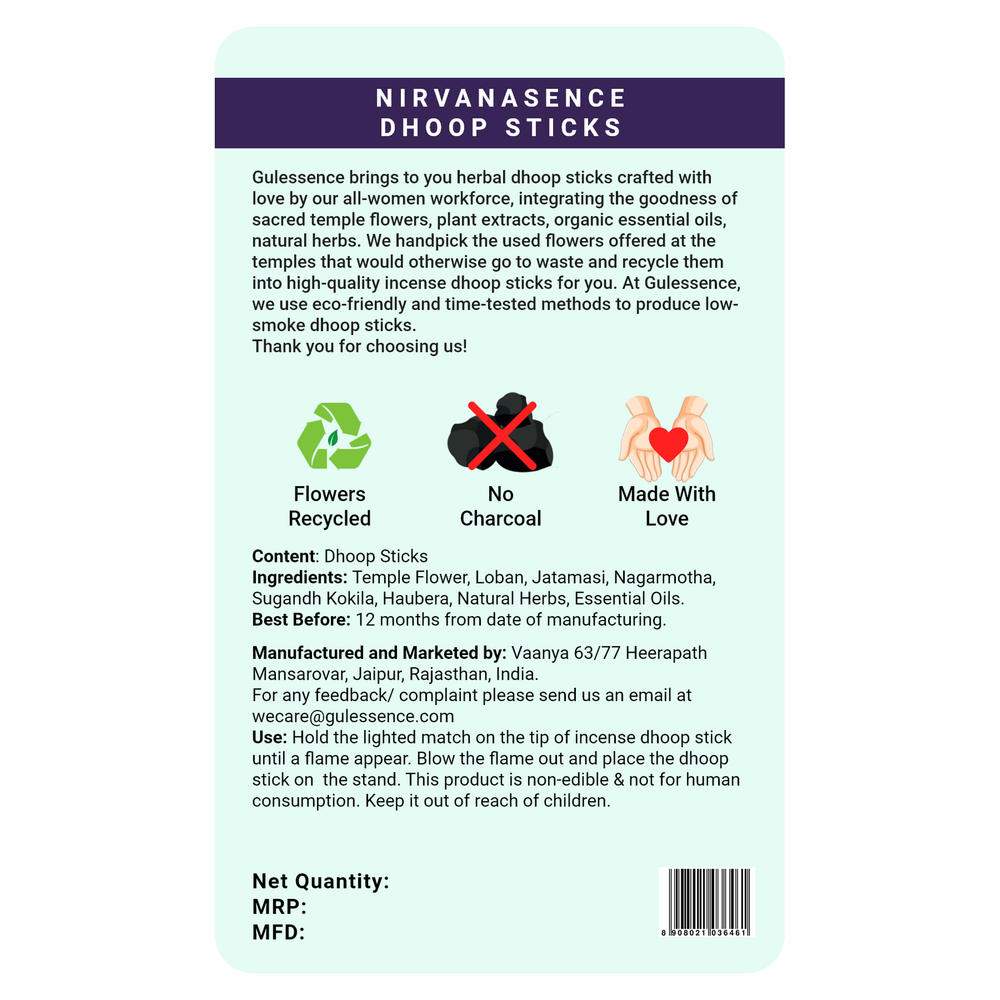 Nirvanasence Bamboo less Dhoop Sticks | Made from Temple flowers | Gulessence - EarthBased